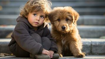 un joven niño sentado en pasos con un perro generativo ai foto