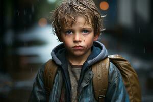 a young boy is standing in the rain generative ai photo