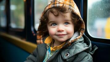 a young boy wearing a hooded jacket sitting on a train generative ai photo