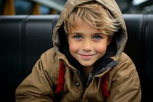 a young boy wearing a brown jacket sitting on a bench generative ai photo