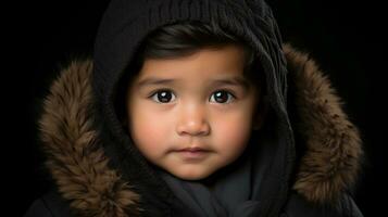 a young child wearing a hooded jacket on a black background generative ai photo