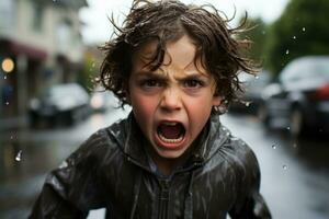 a young boy with his mouth open in the rain generative ai photo