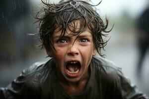 un joven chico con su boca abierto en el lluvia generativo ai foto