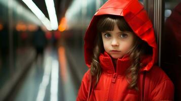 a young girl in a red coat standing in an elevator generative ai photo