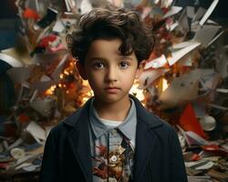 a young boy standing in front of a pile of papers generative ai photo