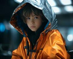 a young boy wearing an orange jacket generative ai photo