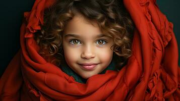 un joven niña es envuelto en un rojo cobija generativo ai foto