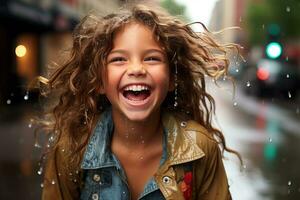 a young girl is laughing while standing in the rain generative ai photo