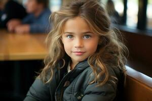 un joven niña sentado a un mesa en un restaurante generativo ai foto