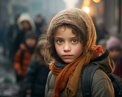 a young girl is standing in the middle of a crowd generative ai photo