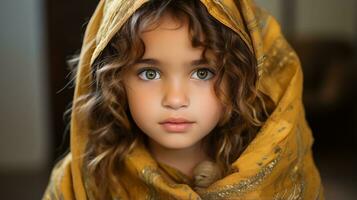 a young girl wearing a yellow shawl generative ai photo