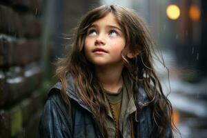 un joven niña mirando arriba a el cielo en el lluvia generativo ai foto