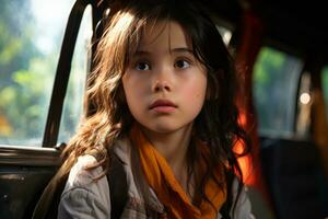 a young girl sitting in the back seat of a car generative ai photo