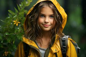 un joven niña vistiendo un amarillo impermeable en el lluvia generativo ai foto