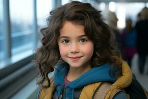 un joven niña con un mochila en un aeropuerto generativo ai foto