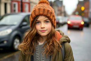 a young girl wearing an orange hat on a rainy day generative ai photo