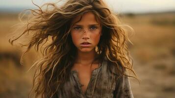 un joven niña con su pelo soplo en el viento generativo ai foto