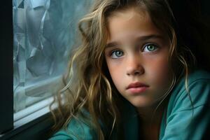 un joven niña con verde ojos mirando fuera el ventana generativo ai foto