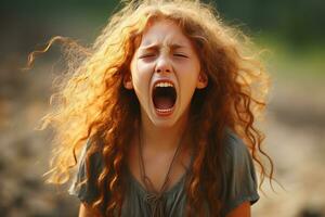 a young girl with her mouth open in a field generative ai photo