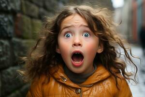 a young girl with her mouth wide open in front of a brick wall generative ai photo