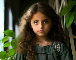 a young girl with long curly hair standing in front of a window photo