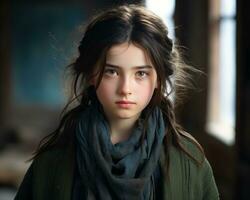 un joven niña con largo pelo y un bufanda generativo ai foto