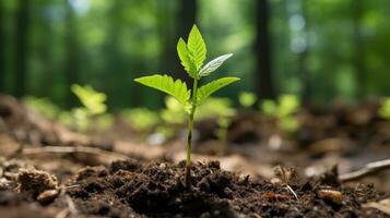 un joven planta brotante desde el suelo en un bosque generativo ai foto