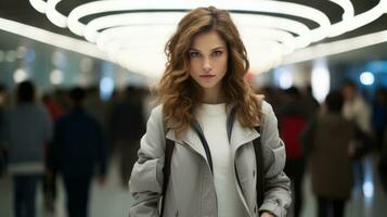 a young woman in a gray jacket standing in an airport generative ai photo