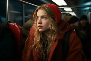 un joven mujer en un rojo sombrero sentado en un tren generativo ai foto
