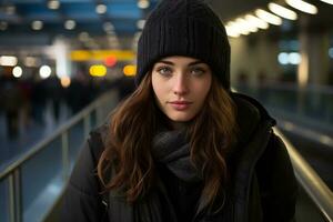 un joven mujer en un invierno sombrero y Saco en pie en un aeropuerto foto