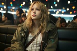 a young woman sitting on a bench in front of a crowd of people generative ai photo