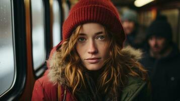 un joven mujer vistiendo un rojo sombrero en un tren generativo ai foto