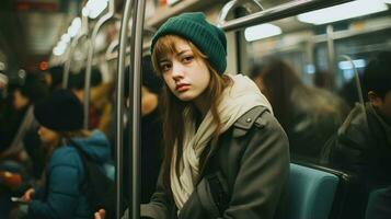a young woman wearing a beanie sitting on a subway train generative ai photo