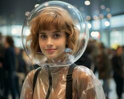 a young woman wearing a plastic bubble on her head generative ai photo