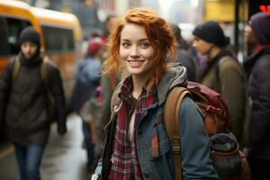 a young woman with a backpack standing in front of a crowd of people generative ai photo