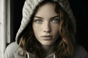 a young woman with a hoodie on her head photo