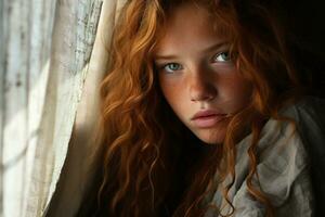 un joven mujer con largo rojo pelo mirando fuera el ventana generativo ai foto