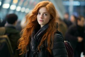 a young woman with red hair in an airport generative ai photo