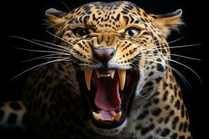 an angry leopard with its mouth open on a black background generative ai photo