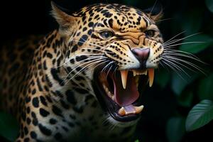 un enojado jaguar con sus boca abierto generativo ai foto