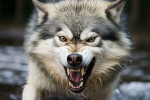 an angry wolf with its mouth open in the water generative ai photo