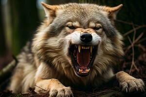 an angry wolf with its mouth open in the woods generative ai photo