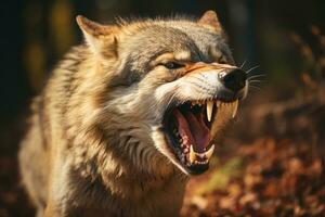an angry wolf with its mouth open in the woods generative ai photo