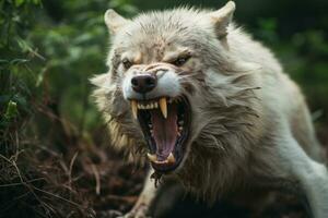 an angry white wolf with its mouth open generative ai photo