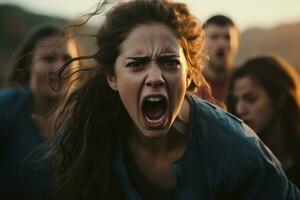 an angry woman with her mouth open in front of a group of people generative ai photo
