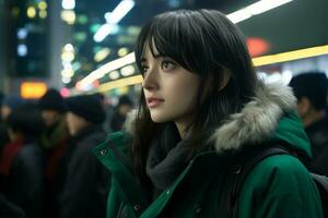 an asian woman in a green jacket standing in a crowded city generative ai photo