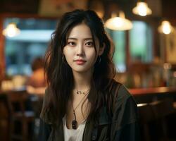 an asian woman in a restaurant looking at the camera generative ai photo