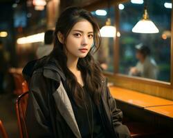 an asian woman sitting at a table in a restaurant generative ai photo