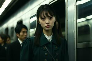 an asian woman standing in front of a subway train generative ai photo