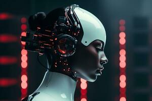 an image of a female robot with red lights in the background generative ai photo
